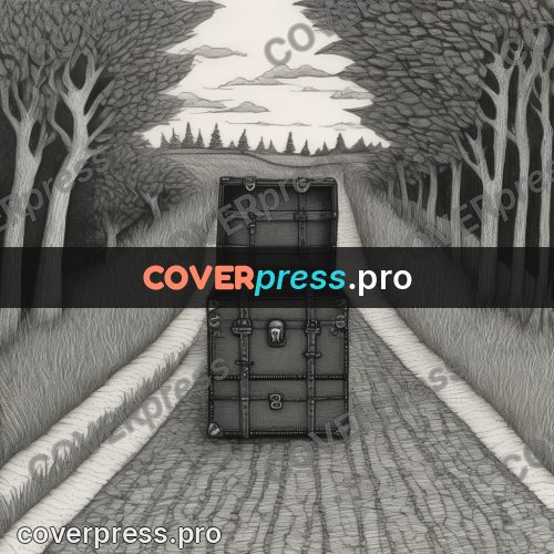 Edward Gorey style drawing: suitcase on a path