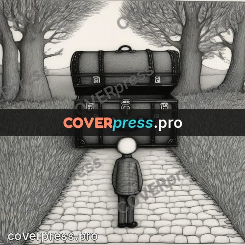 Edward Gorey style drawing: suitcase on a path