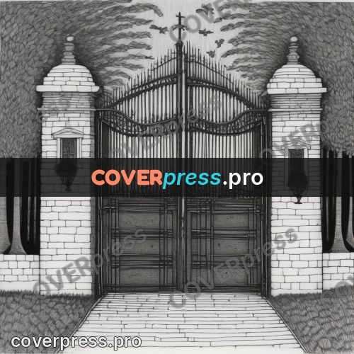 Edward Gorey style drawing: iron gates in a wall