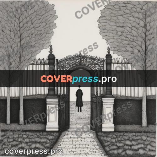 Edward Gorey style drawing: iron gates in a wall