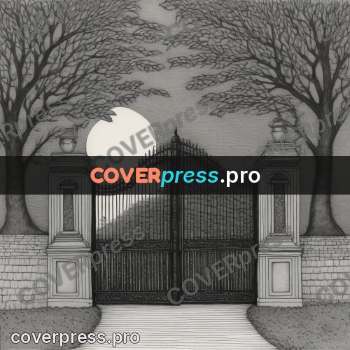 Edward Gorey style drawing: iron gates in a wall