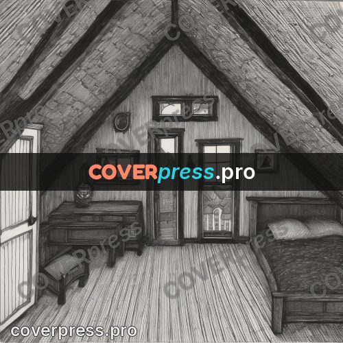 Edward Gorey style drawing: attic room with a bed