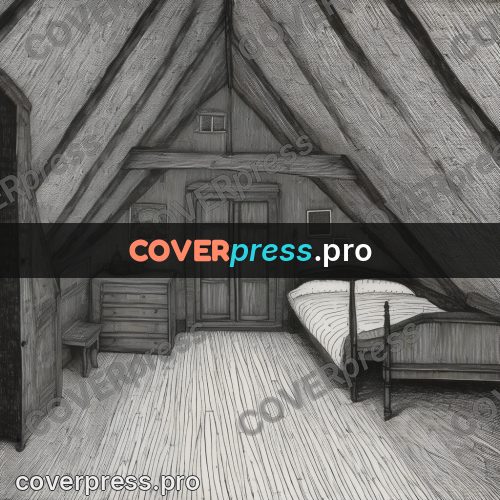 Edward Gorey style drawing: attic room with a bed