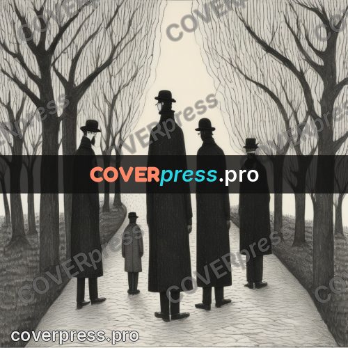 Edward Gorey style drawing: figures in coats on an avenue