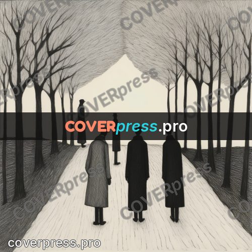 Edward Gorey style drawing: figures in coats on an avenue