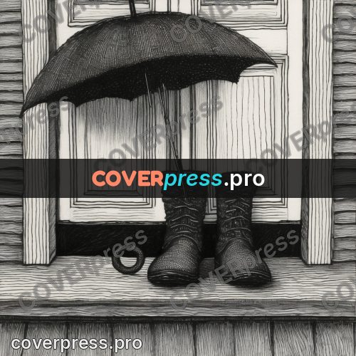 Edward Gorey style drawing: umbrella and boots at a door