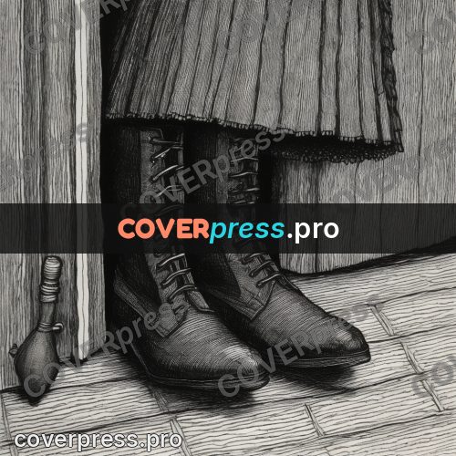 Edward Gorey style drawing: umbrella and boots at a door