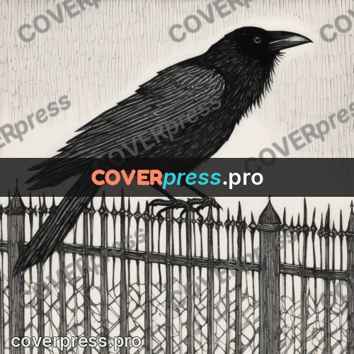 Edward Gorey style drawing: crow on an iron fence
