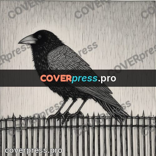 Edward Gorey style drawing: crow on an iron fence