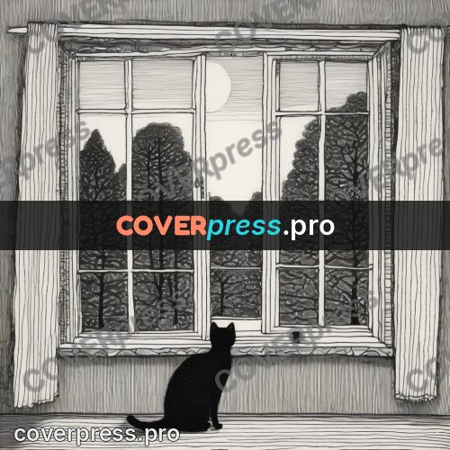 Edward Gorey style drawing: cat on a windowsill
