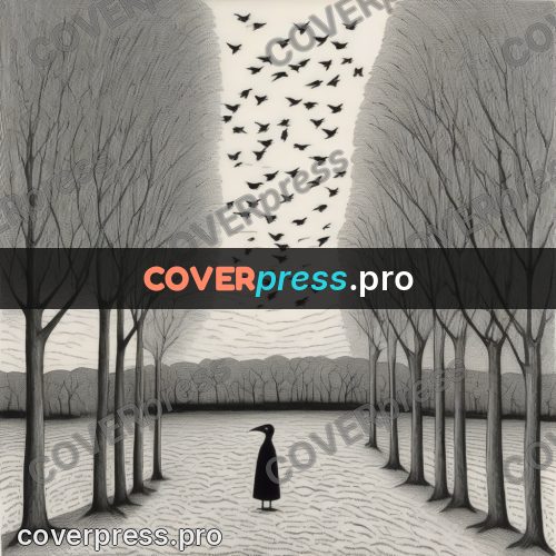 Edward Gorey style drawing: birds above an avenue