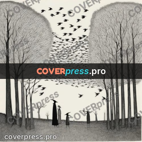 Edward Gorey style drawing: birds above an avenue
