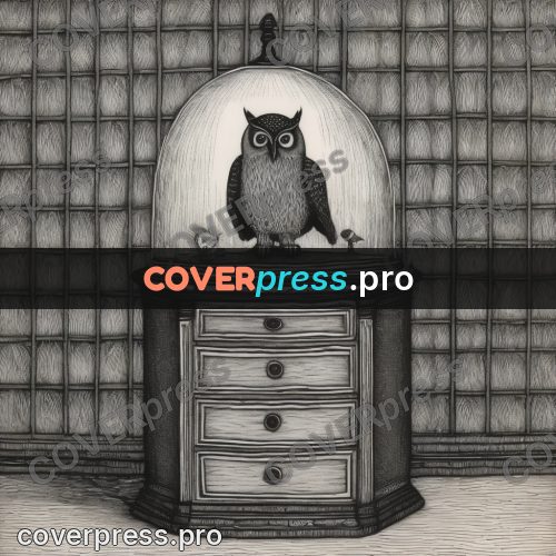 Edward Gorey style drawing: owl on a chest of drawers