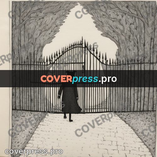 Edward Gorey style drawing: open gates under the moon