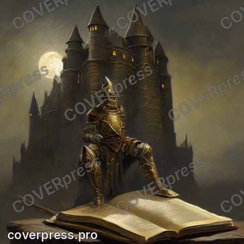 В стиле Эпическое фэнтези: раскрытая старинная книга, из страниц которой поднимается призрачный золотистый замок
