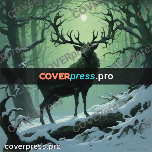Epic fantasy illustration: stag in a green misty forest