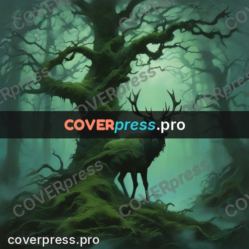 Epic fantasy illustration: stag in a green misty forest