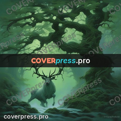 Epic fantasy illustration: stag in a green misty forest