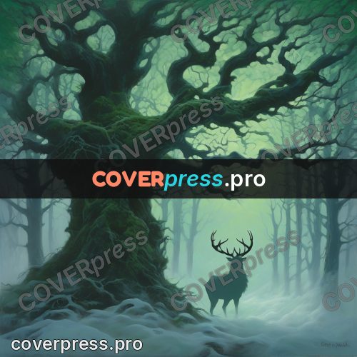 Epic fantasy illustration: stag in a green misty forest