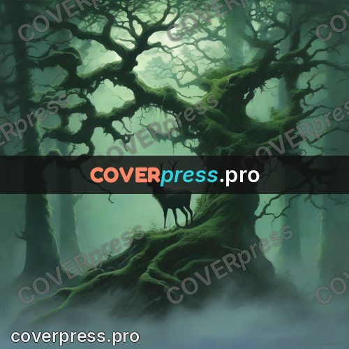 Epic fantasy illustration: stag in a green misty forest