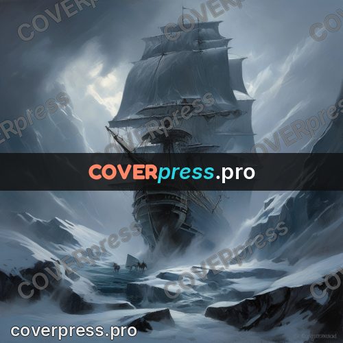 Epic fantasy illustration: sailing ship in storm clouds