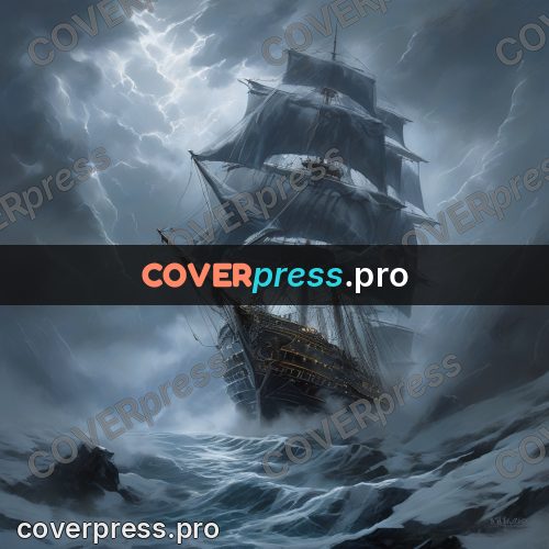 Epic fantasy illustration: sailing ship in storm clouds