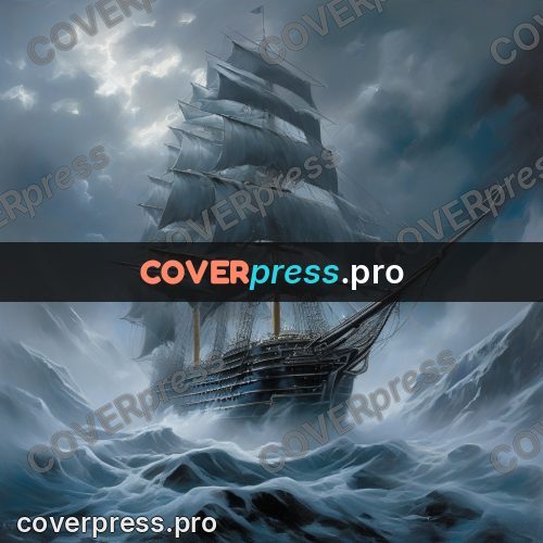 Epic fantasy illustration: sailing ship in storm clouds