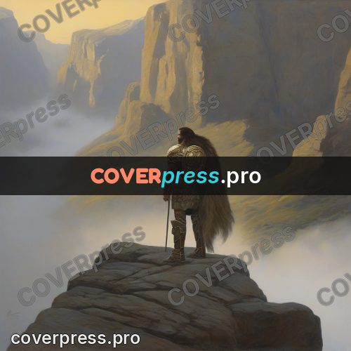 Epic fantasy illustration: warrior on a cliff ledge