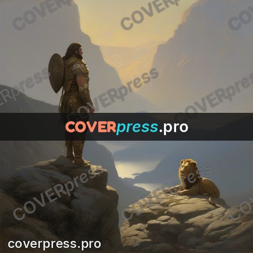 Epic fantasy illustration: warrior on a cliff ledge