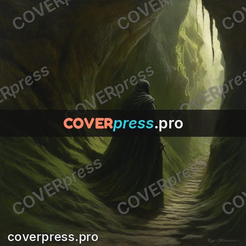 Epic fantasy illustration: cloaked figure in a gorge