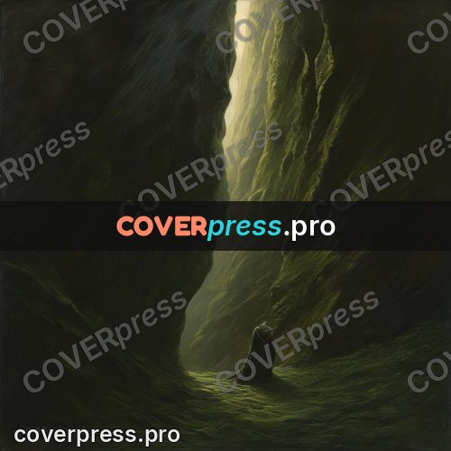 Epic fantasy illustration: cloaked figure in a gorge