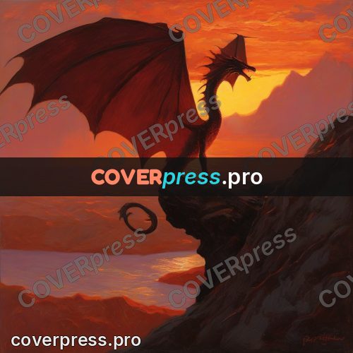 Epic fantasy illustration: dragon on a cliff at sunset