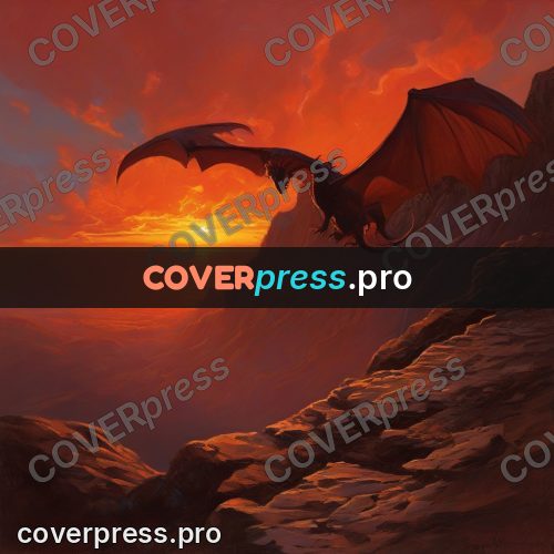 Epic fantasy illustration: dragon on a cliff at sunset