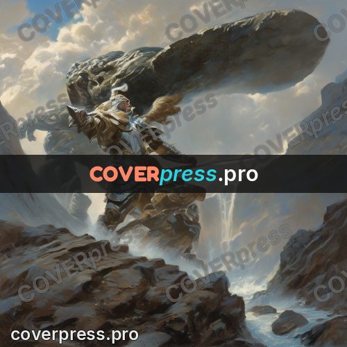 Epic fantasy illustration: winged foe and warrior on rocks