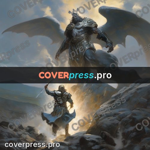 Epic fantasy illustration: winged foe and warrior on rocks