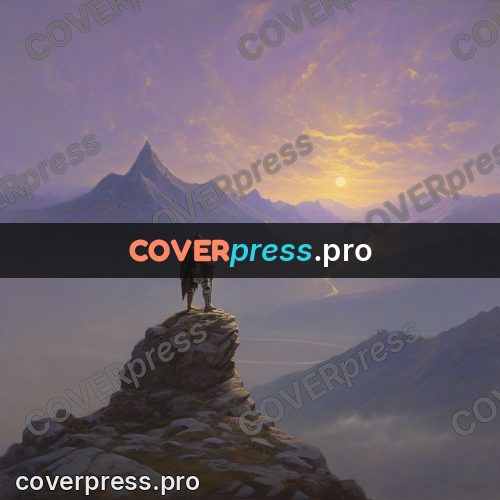 Epic fantasy illustration: warrior on a peak over mountains