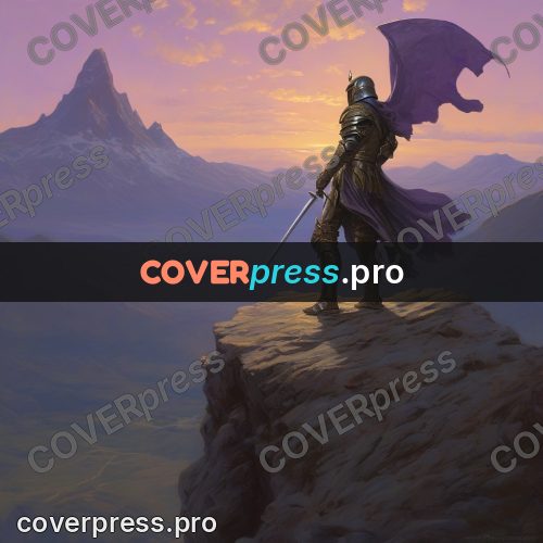 Epic fantasy illustration: warrior on a peak over mountains