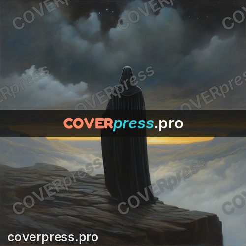 Epic fantasy illustration: cloaked figure at a cliff edge