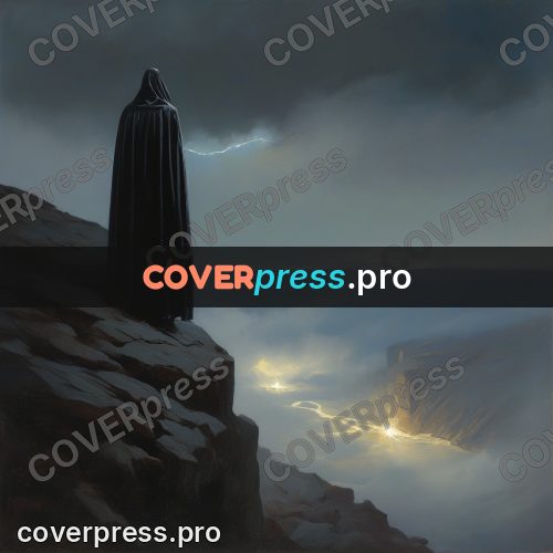 Epic fantasy illustration: cloaked figure at a cliff edge
