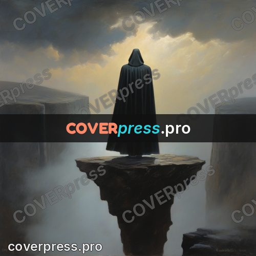 Epic fantasy illustration: cloaked figure at a cliff edge