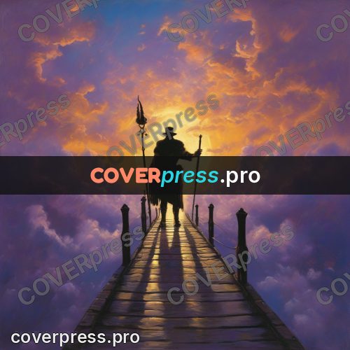 Epic fantasy illustration: staff-bearing figure on a bridge