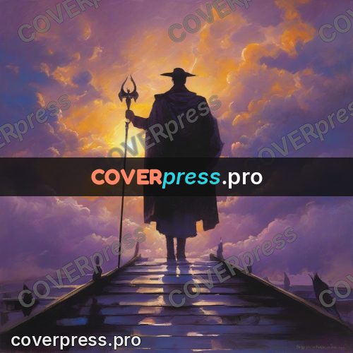 Epic fantasy illustration: staff-bearing figure on a bridge