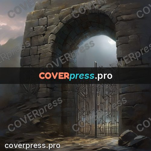 Epic fantasy illustration: stone gates with a grille