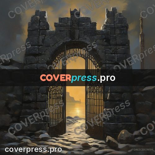 Epic fantasy illustration: stone gates with a grille