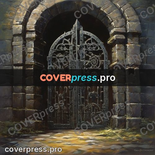 Epic fantasy illustration: stone gates with a grille