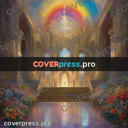 Epic fantasy illustration: bright hall in rainbow light