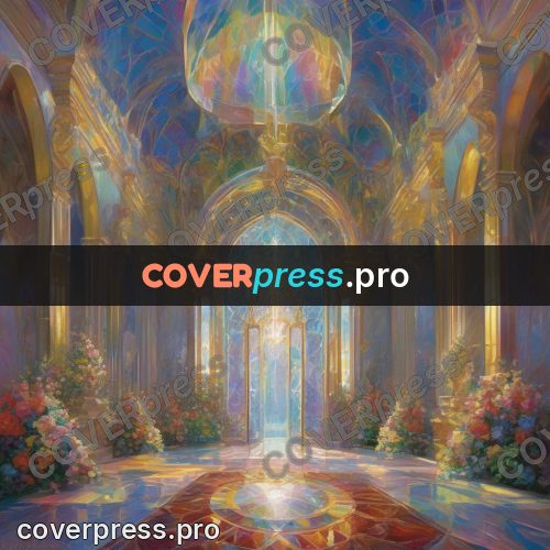 Epic fantasy illustration: bright hall in rainbow light