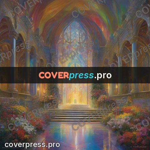 Epic fantasy illustration: bright hall in rainbow light