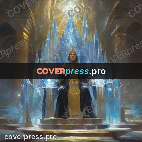 Epic fantasy illustration: crystal throne in a hall