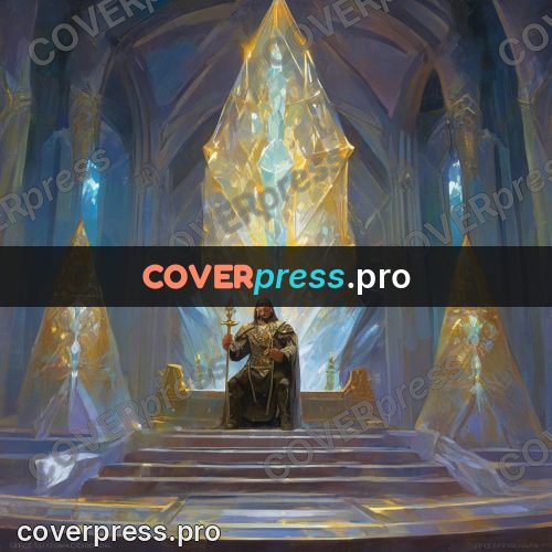Epic fantasy illustration: crystal throne in a hall